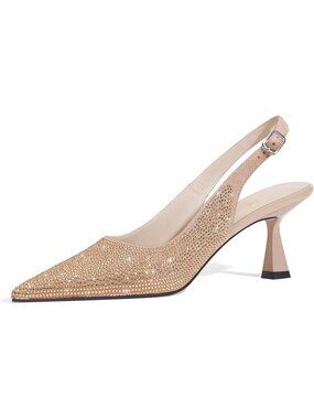 Women's Beige Kitten Heels Slingback Low Heel Dress Shoes Closed Toe Rhinestone